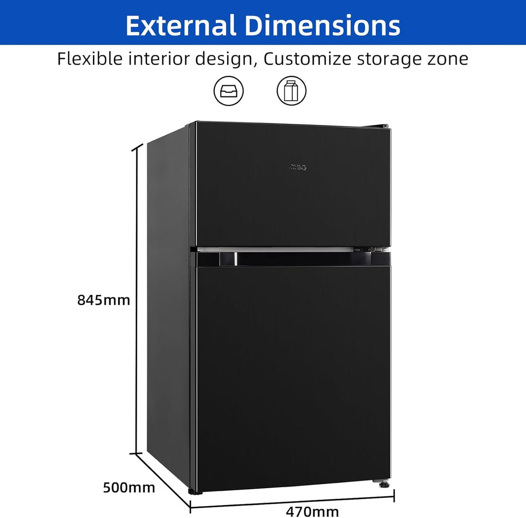 CHIQ CTT107BC Frigorifero Piccolo 107 Litri, Altezza 84 cm, Profondità 55 cm, Ingombro di soli 0,3 ㎡, Micro-Congelatore, Vario Box, 7 Livelli di Controllo della Temperatura, Silenzioso, 87 kWh/anno, Nero