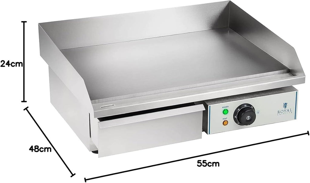 Royal Catering Grillplatte elektrisch Elektrogrill Gastronomie Tischgrill Edelstahl RCEG-55 (3000 W, 55x35 cm, 30-300°C, glatt, Gehäuse aus Edelstahl) Silber