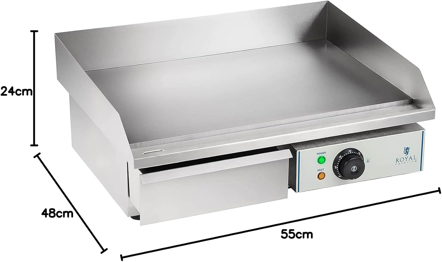Royal Catering Grillplatte elektrisch Elektrogrill Gastronomie Tischgrill Edelstahl RCEG-55 (3000 W, 55x35 cm, 30-300°C, glatt, Gehäuse aus Edelstahl) Silber