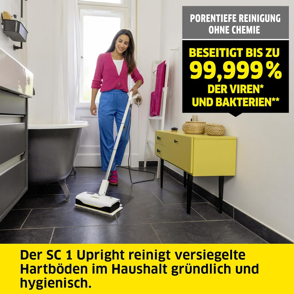 Krcher Dampfreiniger SC 3 Upright EasyFix, Aufheizzeit: 0,5 min., Flchenleistung: ca. 60 m, Tank: 0,5 l, Heizleistung: 1.600 W, mit Bodendüse, Bodentuch, Teppichgleiter, Entkalkungskartusche