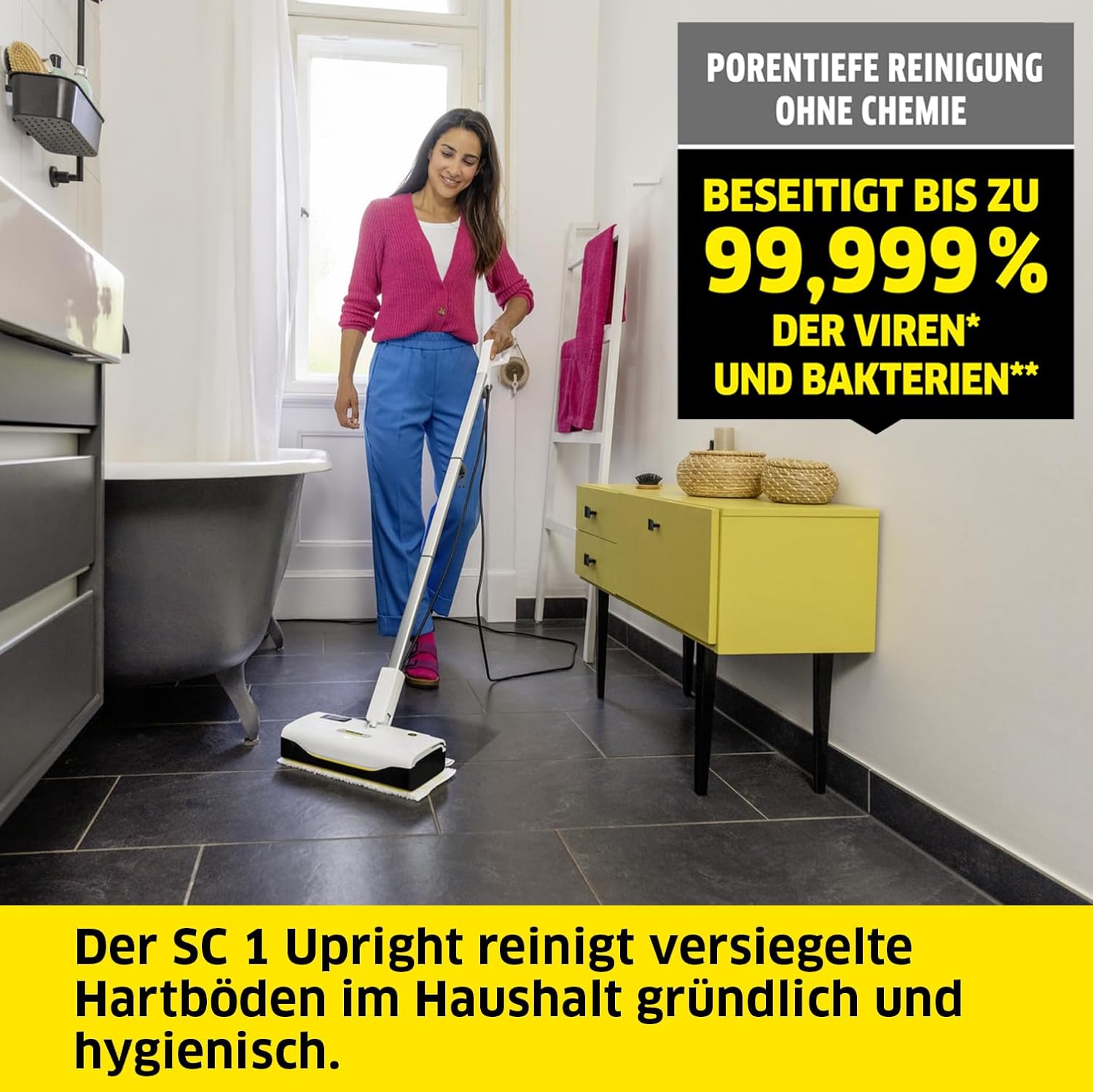 Krcher Dampfreiniger SC 3 Upright EasyFix, Aufheizzeit: 0,5 min., Flchenleistung: ca. 60 m, Tank: 0,5 l, Heizleistung: 1.600 W, mit Bodendüse, Bodentuch, Teppichgleiter, Entkalkungskartusche