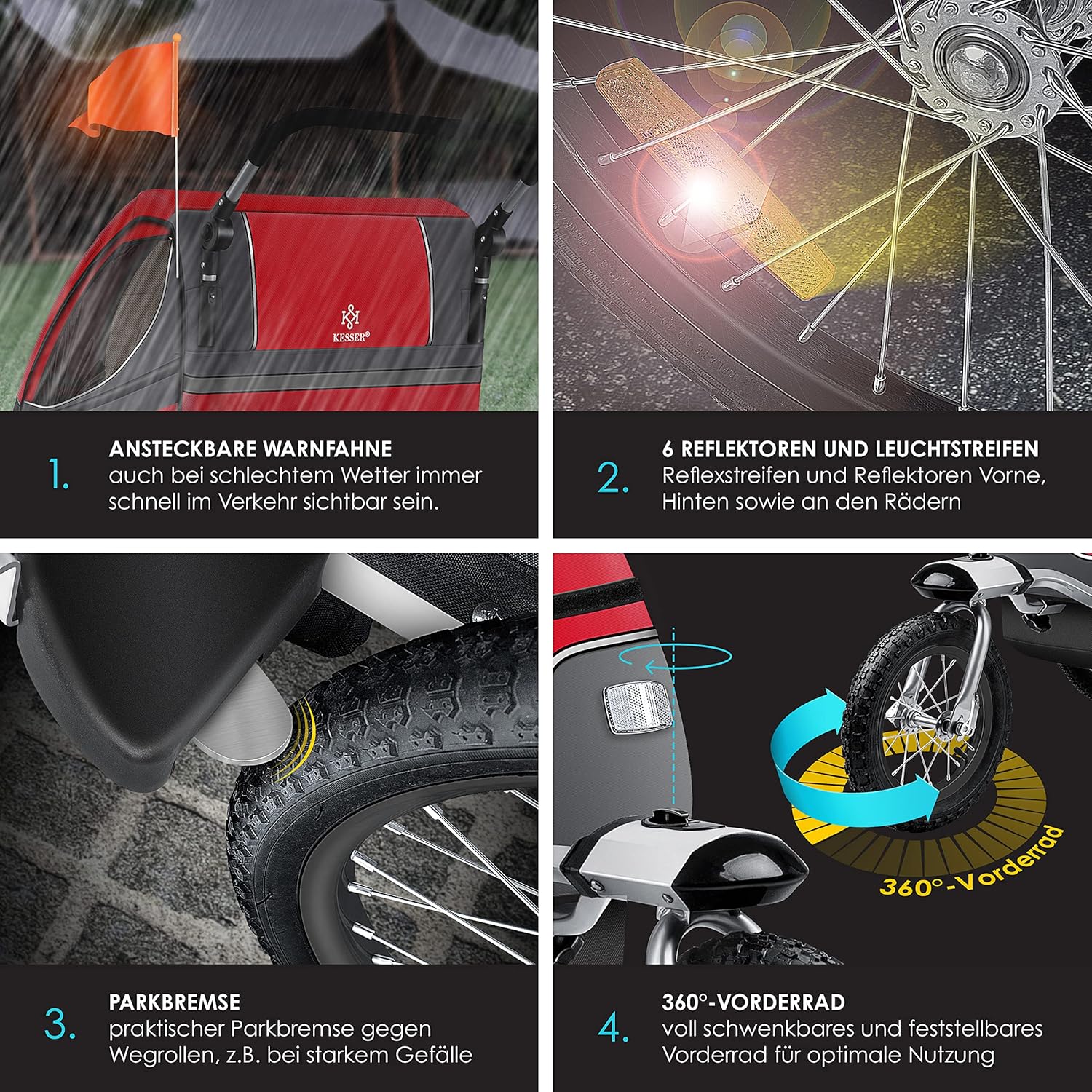 KESSER® Kinderanhänger Fahrradanhänger 360° Drehbar mit Federung 2in1 Joggerfunktion Kinderfahrradanhänger + 5-Punkt Gurt Jogger Fahrrad Anhänger für 1 bis 2 Kinder max. 40kg Inkl. Warnfahne, Schwarz