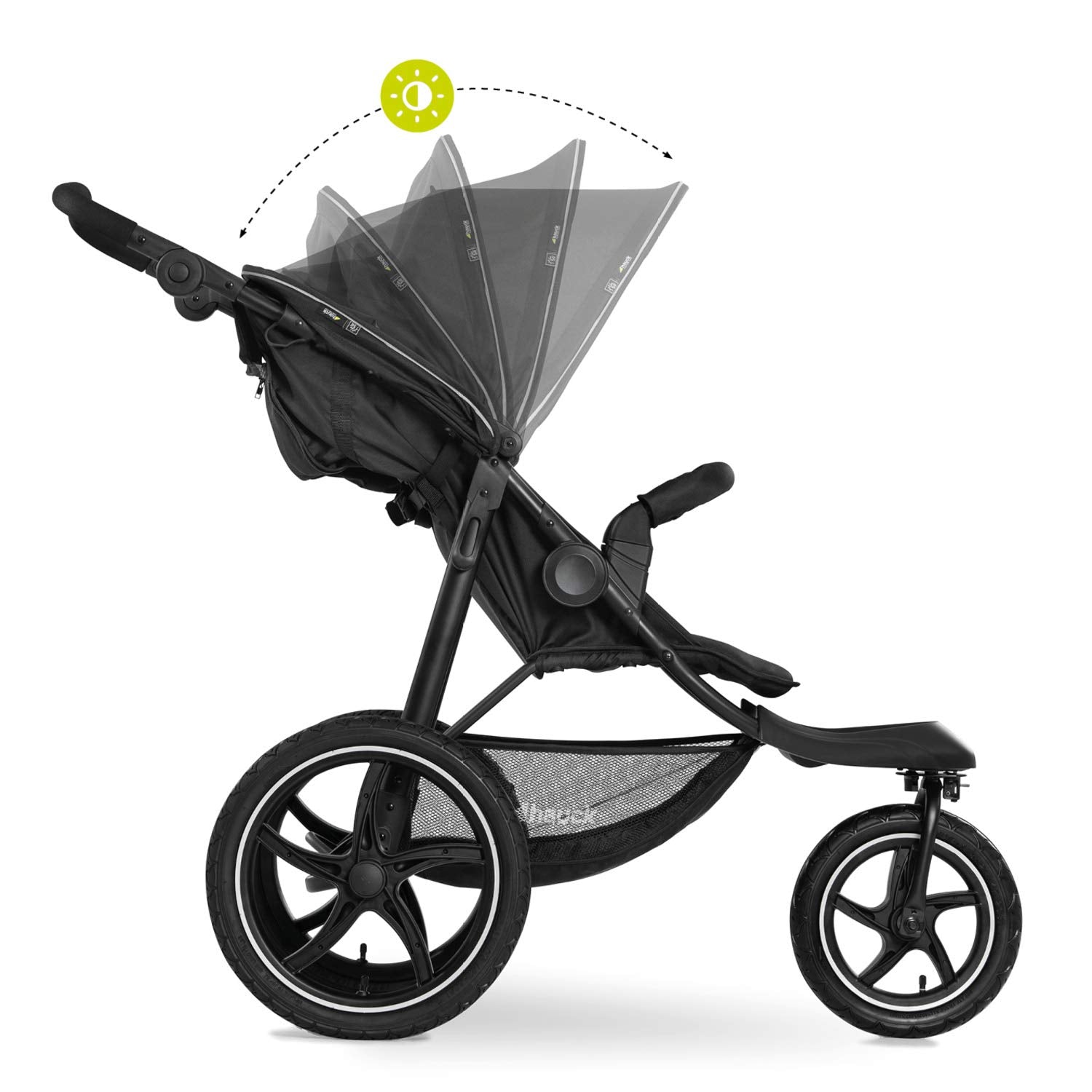 hauck Passeggino Runner 2, Passeggino a tre ruote con ruote pneumatiche XL per bambini fino a 22 kg, Protezione UV 50+, Finestra di ventilazione, Regolabile in altezza, Pieghevole, Cestino XL fino a 3 kg, Funzione reclinabile (Nero)