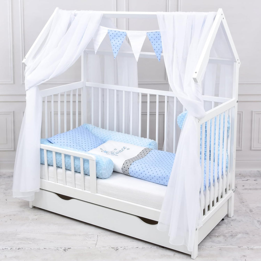 Baby Delux Lettino per Bambini Set Completo Casetta 60x120 cm Bianco con Cassetto Sponda Paracolpi Materasso Biancheria da Letto Set Decorativo (Stelle del Principe)