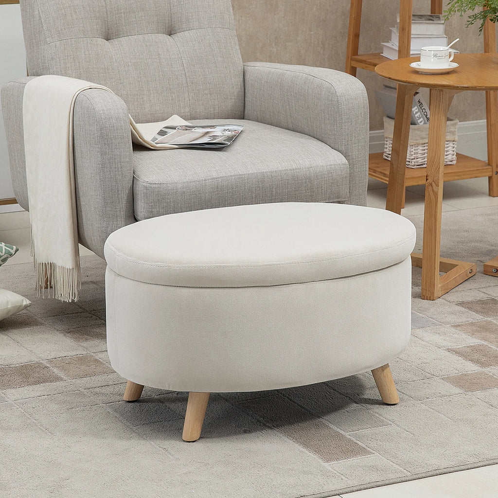 HOMCOM Panca Contenitore Ovale Effetto Velluto Gambe in Legno Beige