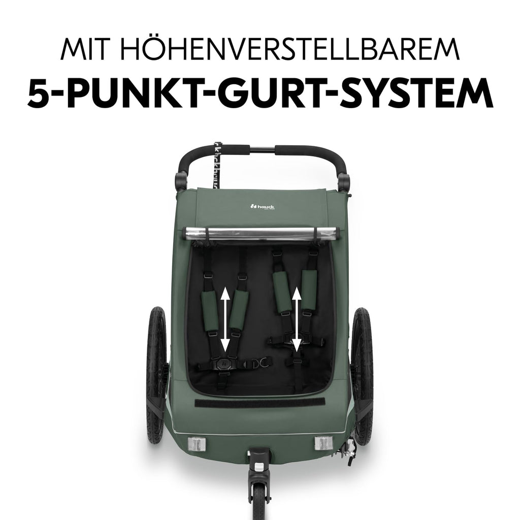 hauck Rimorchio Bici & Passeggino Dryk Duo Plus con Sospensioni, per 2 Bambini (6-48 mesi), incl. Timone, Ruota da Passeggino, Bandierina e Luce LED, Pieghevole, Regolabile in Altezza, Baule XL (Verde Scuro)