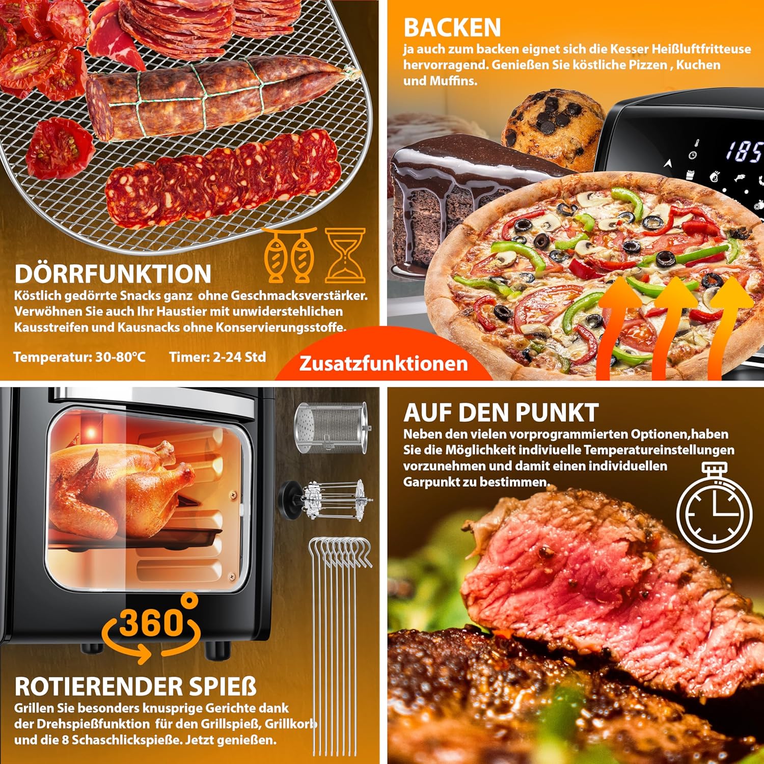 KESSER® XXL Airfryer 9in1 Heißluftfritteuse Fritteuse, | Drehgrill | Dörrautomat | Rezeptheft | Grillspieß | 1800 Watt | fettfrei grillen ohne Öl | 8 Programme | inkl. Zubehör Schwarz