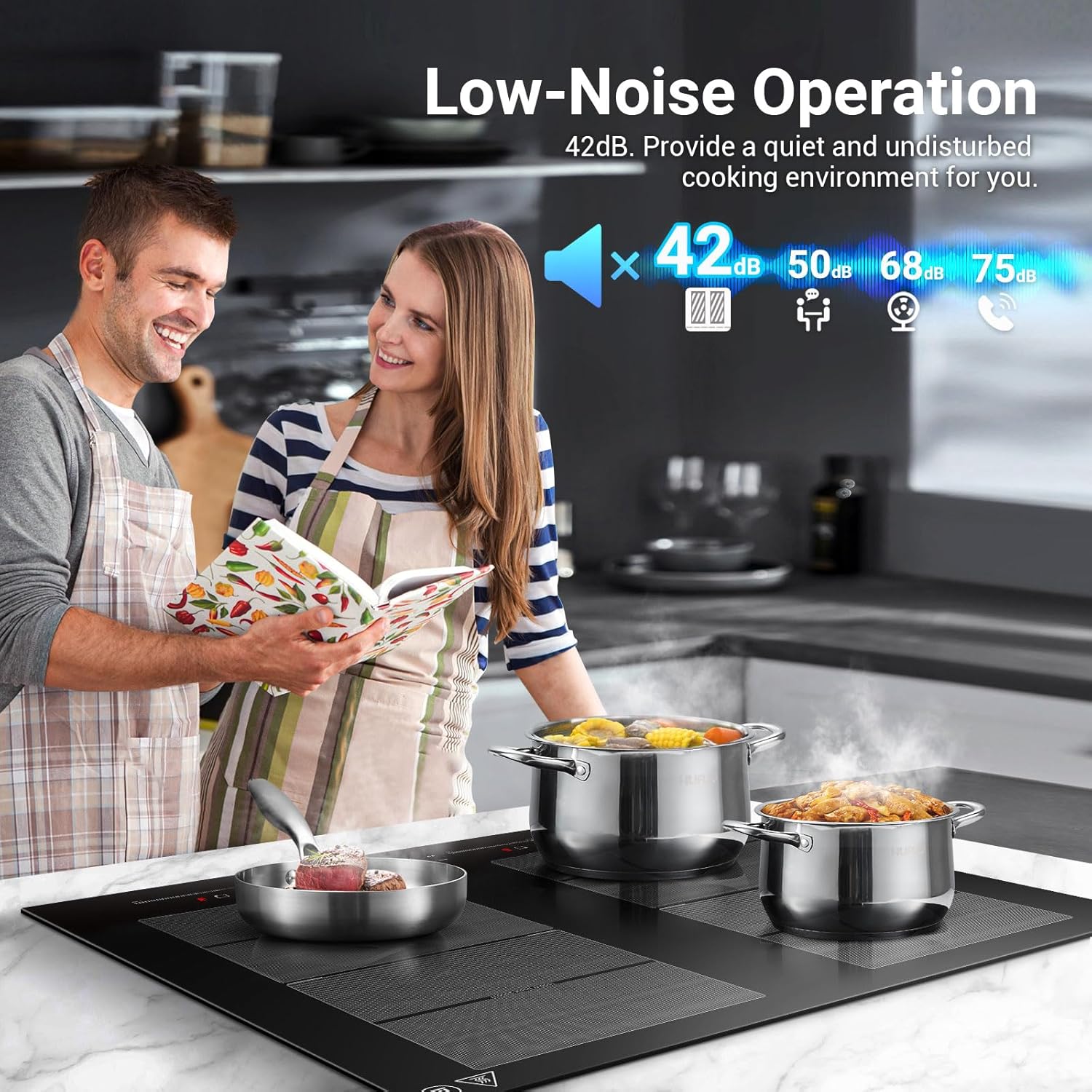 AMZCHEF Piano cottura a induzione con due zone flessibili, piano cottura a induzione a 4 zone con funzionamento silenzioso (42 dB), 9 livelli di potenza e Booster - Funzione BBQ, funzione Pausa e Mantieni caldo, 7400 W