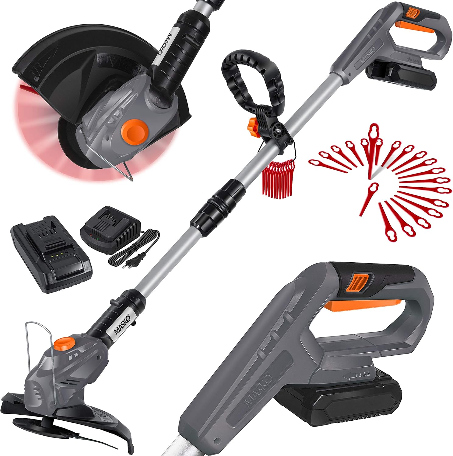 MASKO Decespugliatore a batteria con batteria al litio da 20 V, batteria da 2,0 Ah e caricabatterie, larghezza di taglio 26 cm, angolo di taglio 180°, manico telescopico e impugnatura aggiuntiva, incl. 20 lame in plastica, grigio