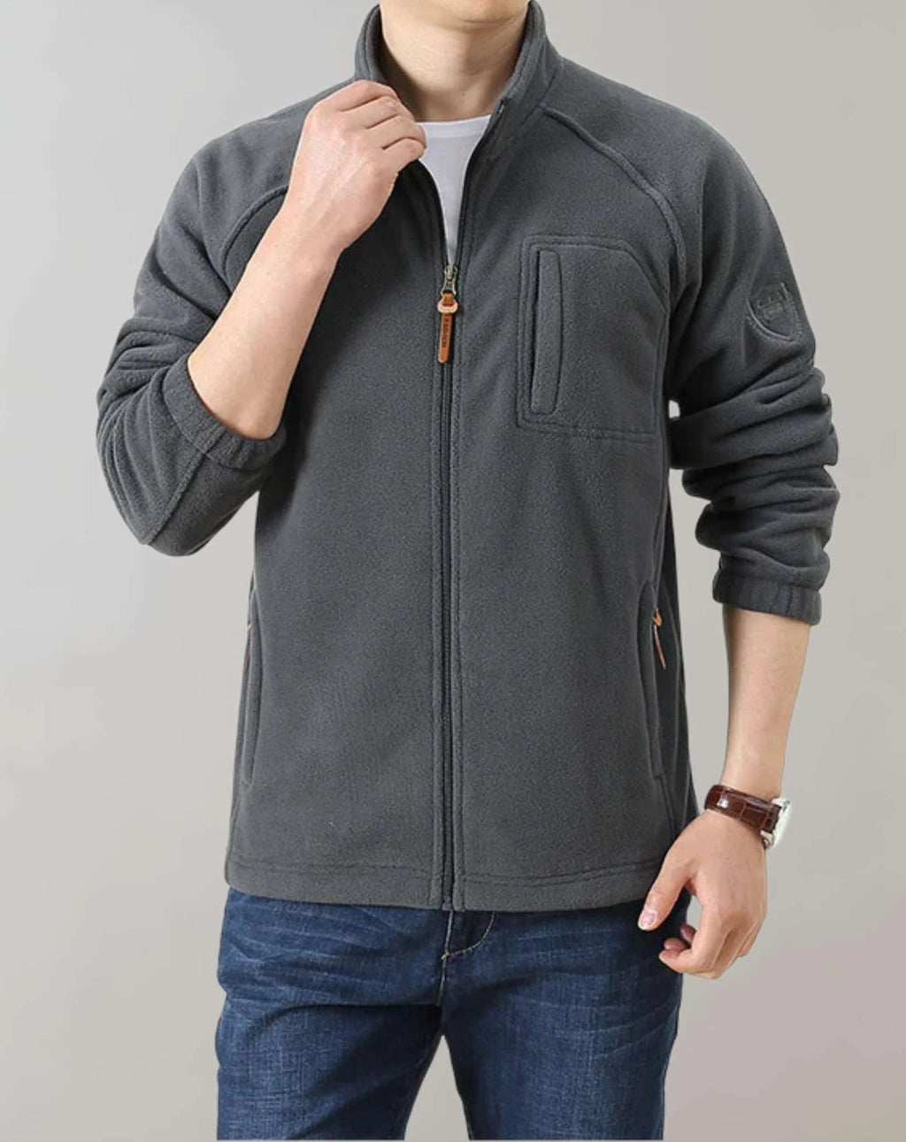 Giacca in pile casual da uomo con collo alla coreana e tasche