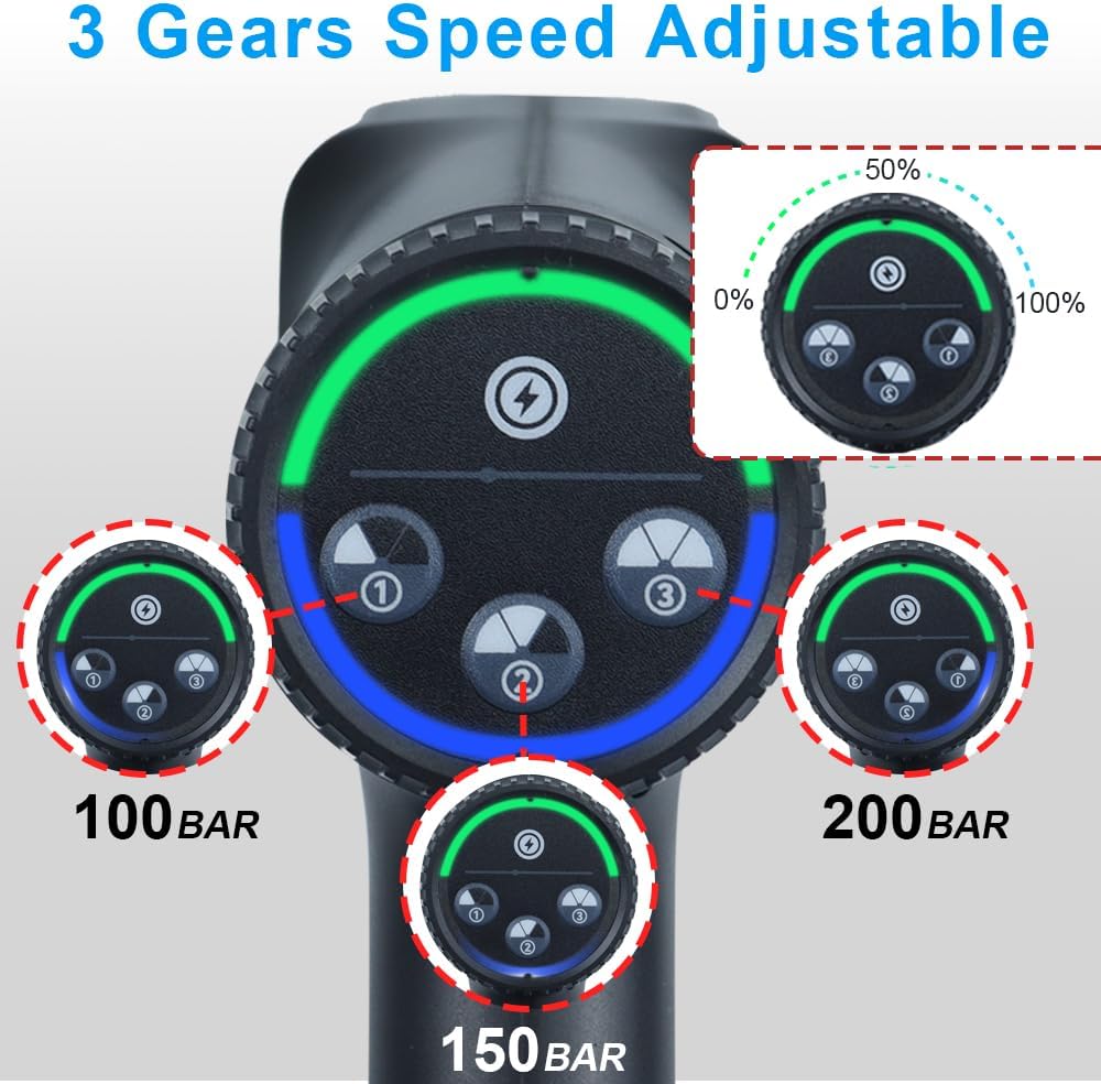 Idropulitrice a Batteria Huhomco con 2 Batterie da 4000 mAh e Caricabatterie, Idropulitrice Portatile ad Alta Pressione da 200 Bar con Motore Brushless, Pistola Idropulitrice Portatile con Ugello 6-in-1, 3 Livelli di Pulizia per Auto