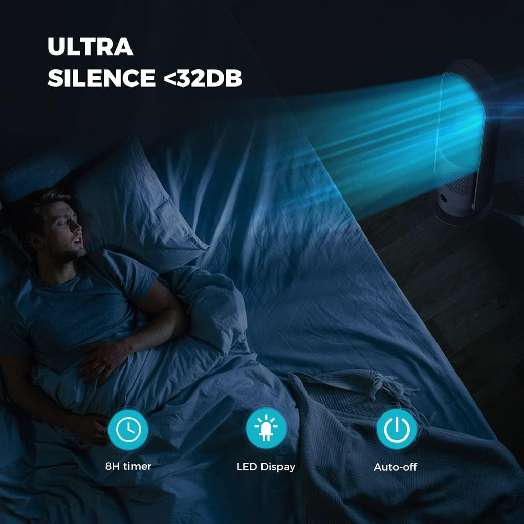 Ventilatore senza pale con purificatore d'aria, ventilatore a torre silenzioso Ultty con telecomando, touch, timer 8H, filtro HEPA 99,97%, ventilatore senza pale oscillante a 90° e alto 80 cm per camera da letto e casa, CR022 Bianco
