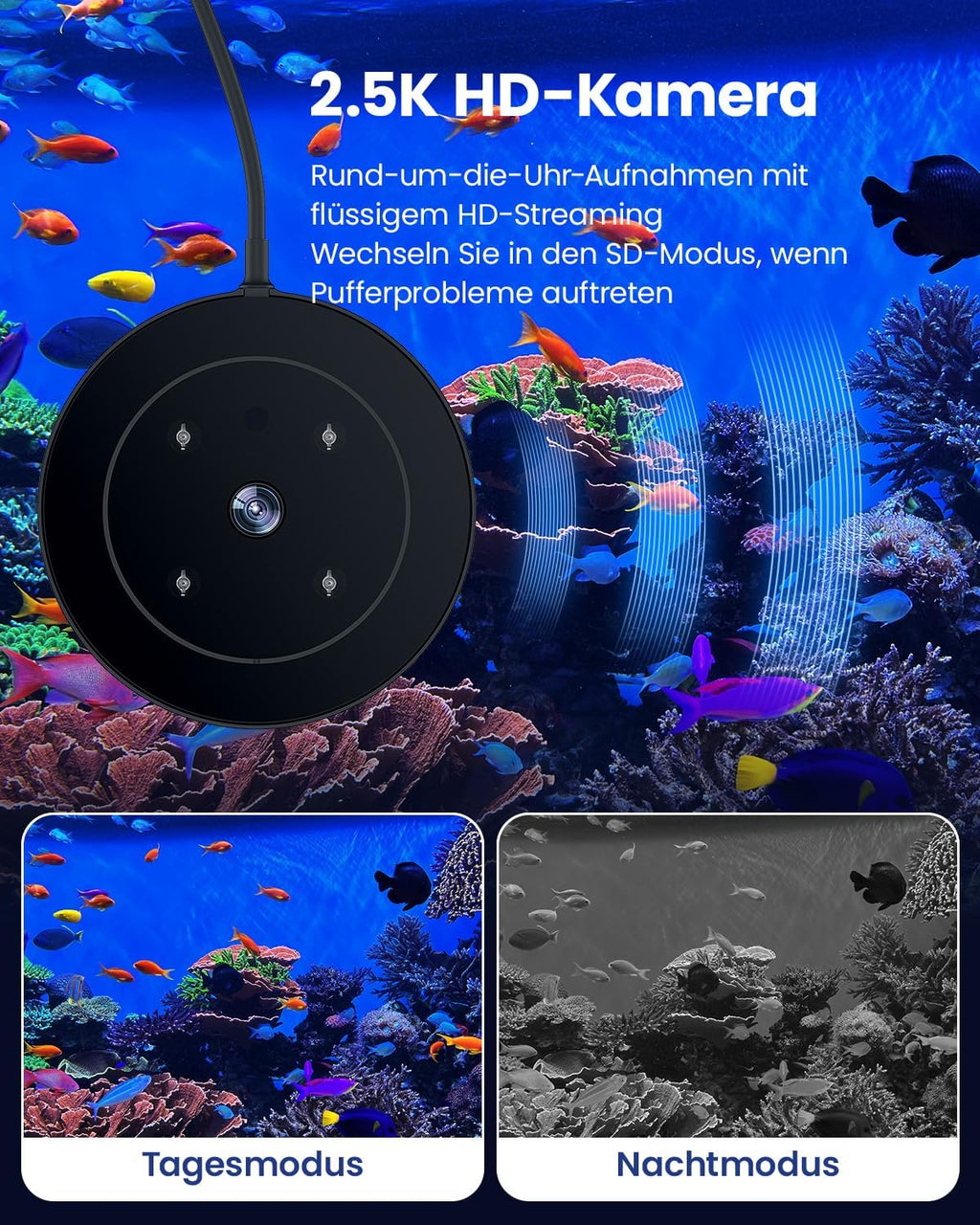 Wolmds automatischer Fischfütterer mit 2.5K Kamera, App-Steuerung, feuchtigkeitsbeständiger Urlaubsfutterspender, Präzisionsfütterungssystem, visueller Monitor für Aquarien, Schildkrötenstiften (FS-2)