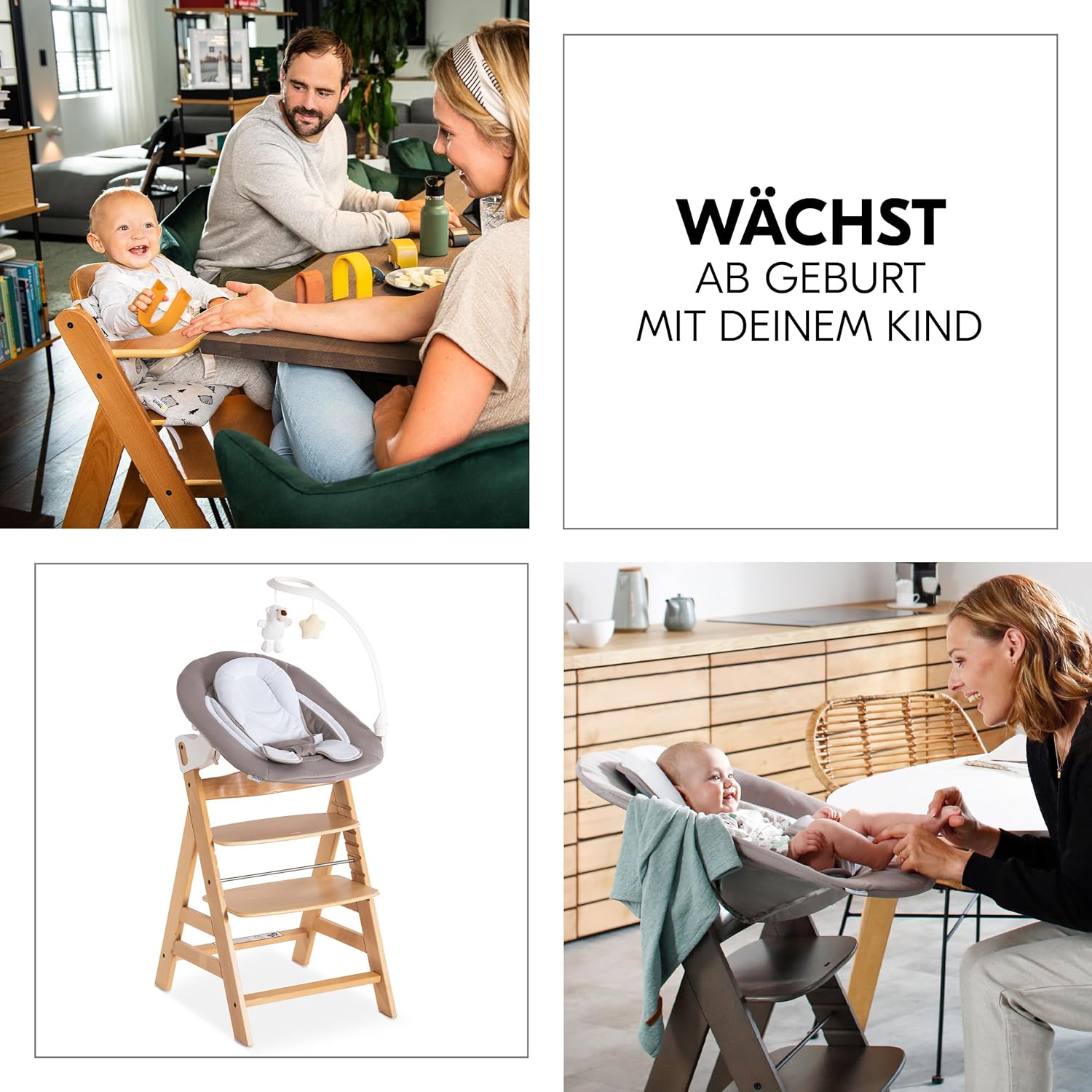 hauck Alpha Plus Newborn Set Deluxe - Seggiolone Pappa Legno da Nascita con Funzione Sdraietta - include Sdraietta per Neonato & Cuscino - Evolutivo, Regolabile - Dark Grey