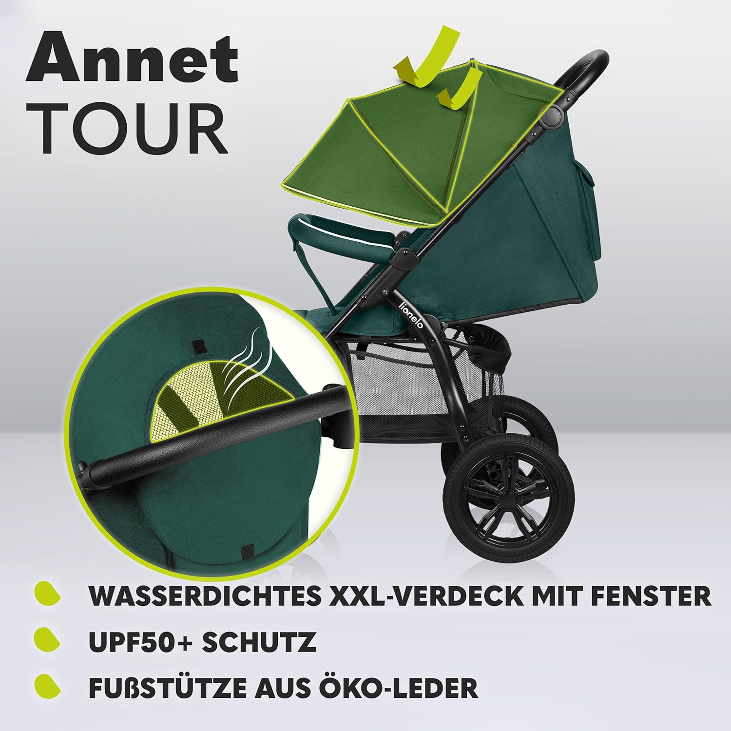 LIONELO Annet Tour Kinderwagen bis 22 kg, verstellbarer Griff, zusammenklappbar, verstellbare Rückenlehne bis zur Liegeposition, wartungsfreie Räder, XXL-Verdeck, 5-Punkt-Gurt, Einkaufskorb