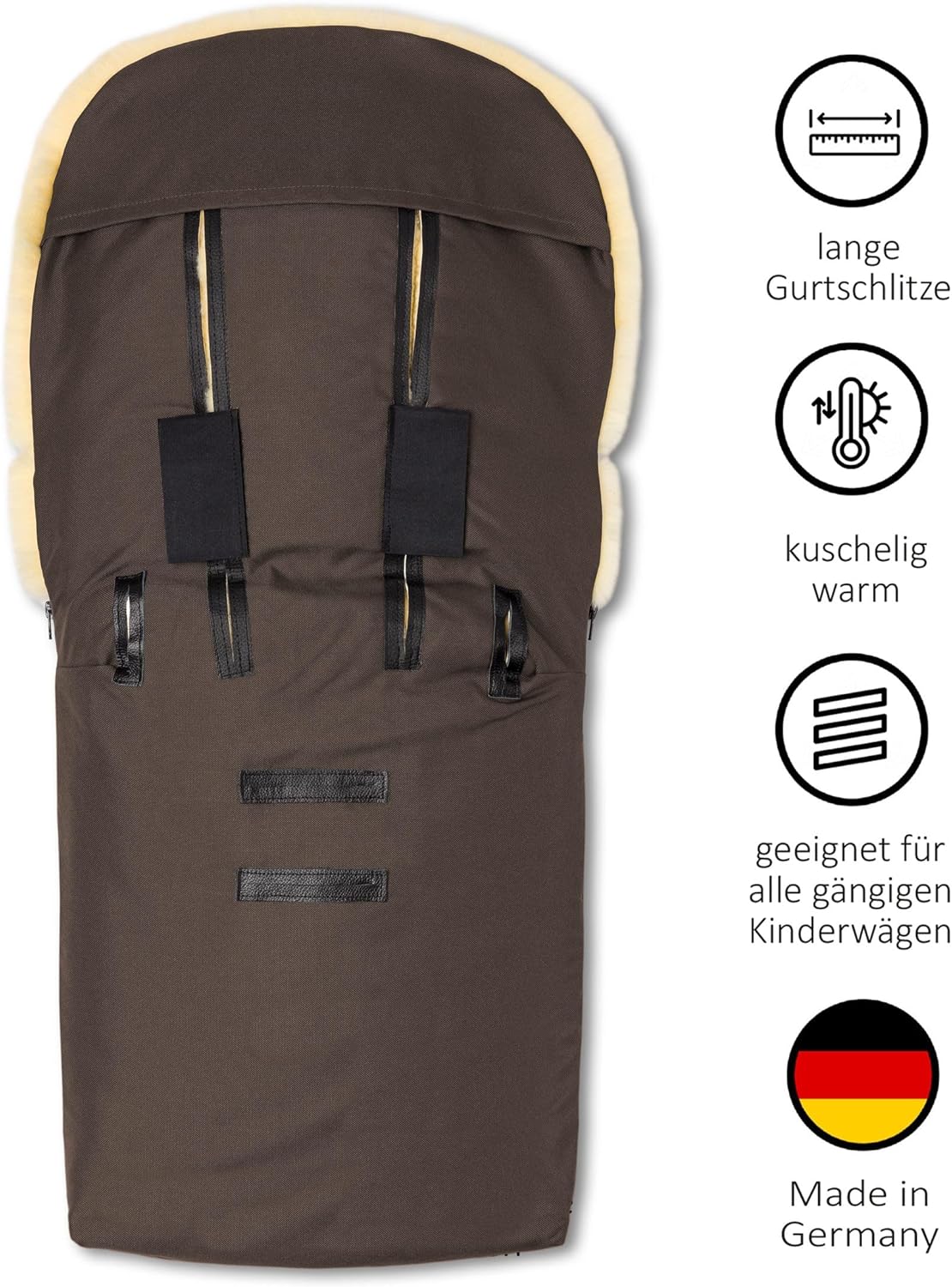 Sacco coprigambe in pelle di agnello Hofbrucker "Putzi" per passeggino, carrozzina/sacco coprigambe invernale antivento e idrorepellente/sacco coprigambe caldo con parte superiore rimovibile/vera pelle di agnello/Made in Germany