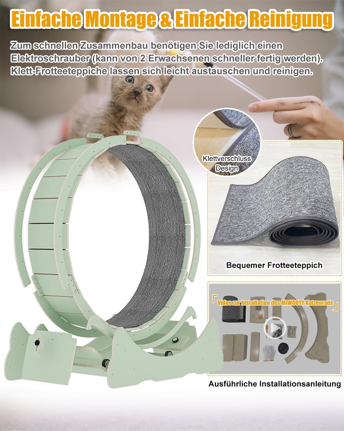 MIWOOYY Katzenlaufrad Großes Laufrad für Katzen 100cm – Schwarzes Katzenrad aus Massivholz für Drinnen Katzen, Sicherheits Katzen Laufrad mit Schloss und Minimiertem Spaltdesign