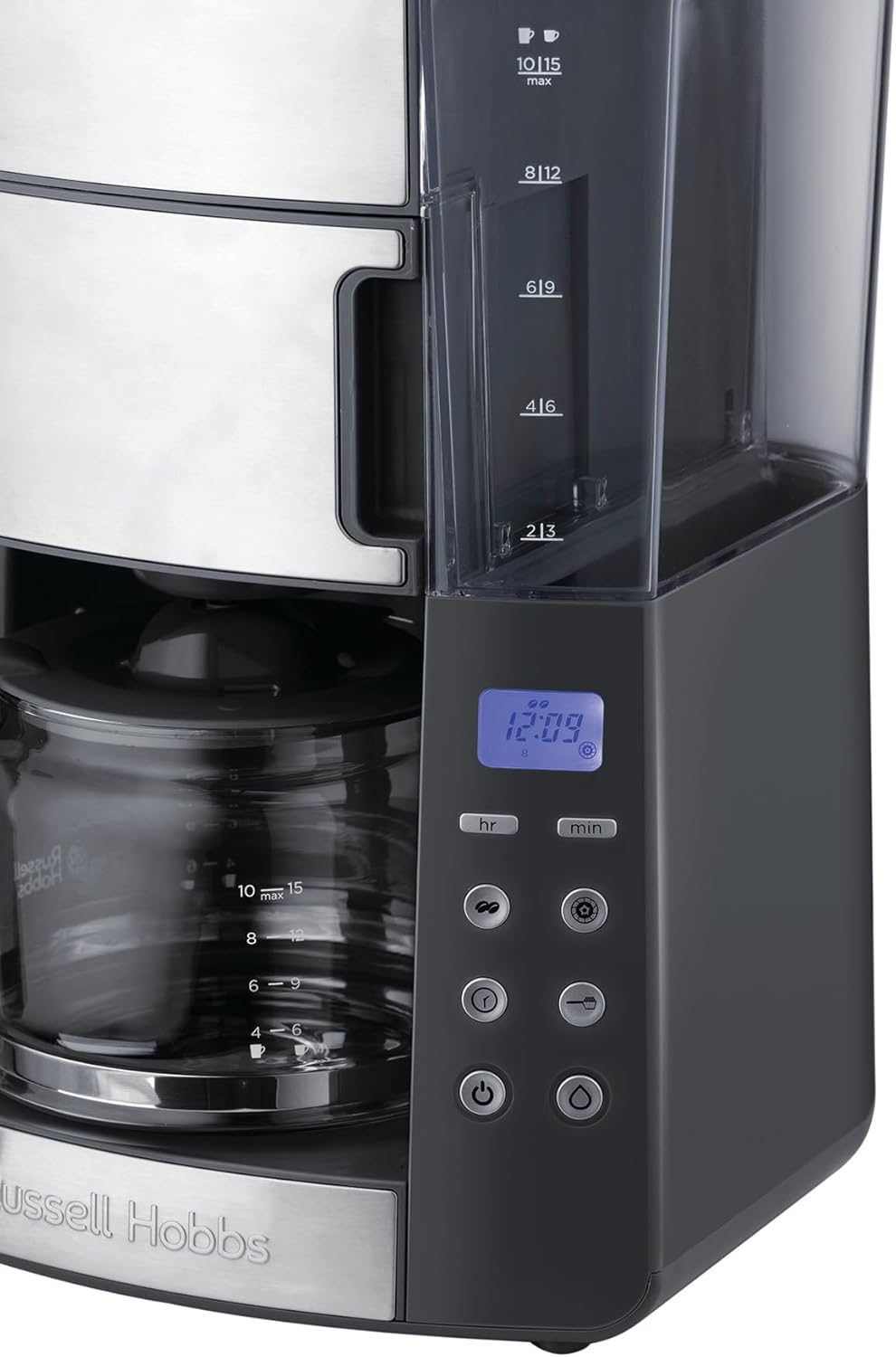 Russell Hobbs Macchina da caffè con macinacaffè integrato, caraffa in vetro [Timer digitale, Doccetta per un'estrazione e un aroma ottimali] Grind&Brew (max 10 tazze, macinatura regolabile in 3 fasi) 25610-56