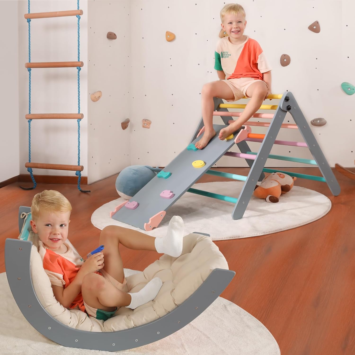 Set di triangoli con cuscino, set da arrampicata Montessori 5 in 1 pieghevole, set da arrampicata per interni per bambini, giocattolo da arrampicata in legno con rampa e arco da arrampicata per bambini (colore legno)