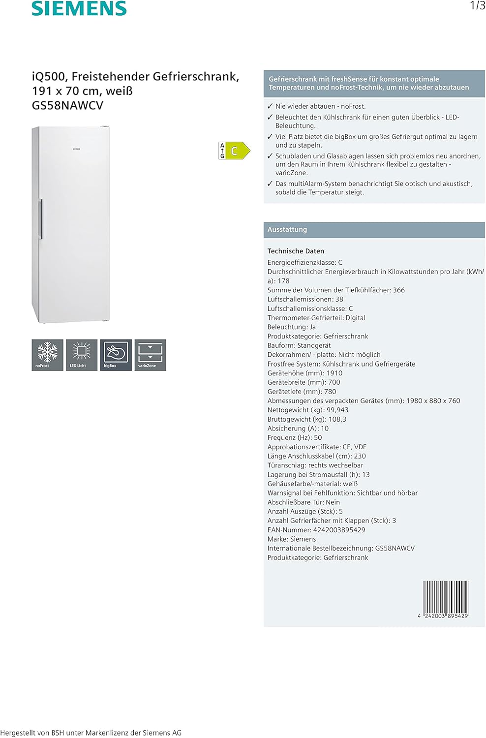 Siemens GS54NAWCV iQ500 Congelatore verticale, 176 x 70 cm, 327 L, NoFrost mai più sbrinamento, bigBox spazio per alimenti di grandi dimensioni, varioZone ripiani e cassetti flessibili in vetro, Bianco