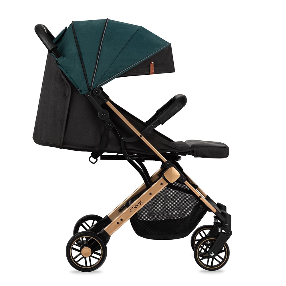 MOMI ESTELLE Kinderwagen für Kinder ab 6 Monat bis zu max körpergewicht von 15 kg, klappbar auf die Maße 65 x 51 x 21 cm, gewicht 7,5 kg, 5-Punkt-Sicherheitsgurt, koffer, grau-gold, Räder 6''/6,5''