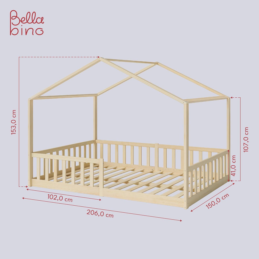 Bellabino Lettino per bambini Bia 140x200 cm, letto a capanna per bambini con protezione anticaduta e rete a doghe arrotolabile, letto a terra Montessori bianco in legno massello di pino
