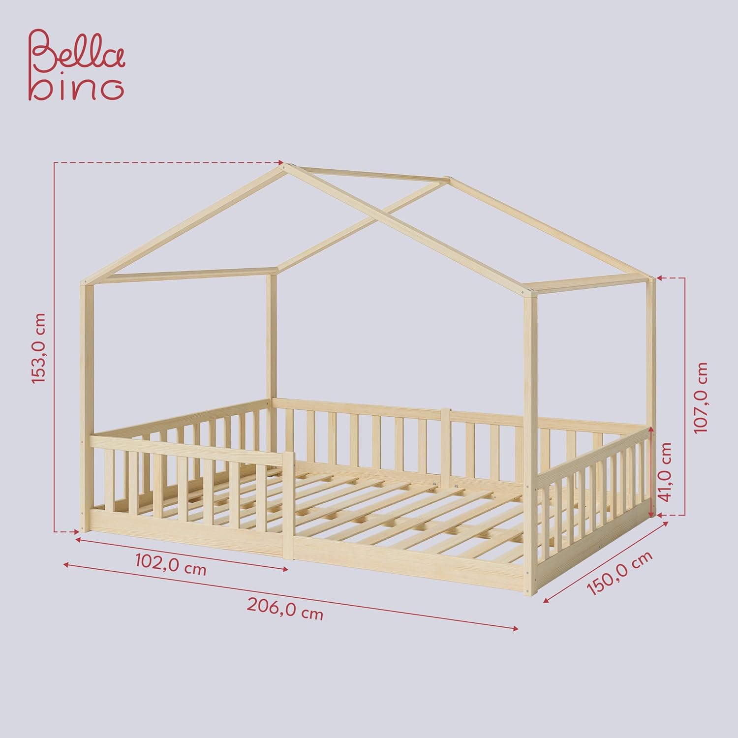 Bellabino Lettino per bambini Bia 140x200 cm, letto a capanna per bambini con protezione anticaduta e rete a doghe arrotolabile, letto a terra Montessori bianco in legno massello di pino