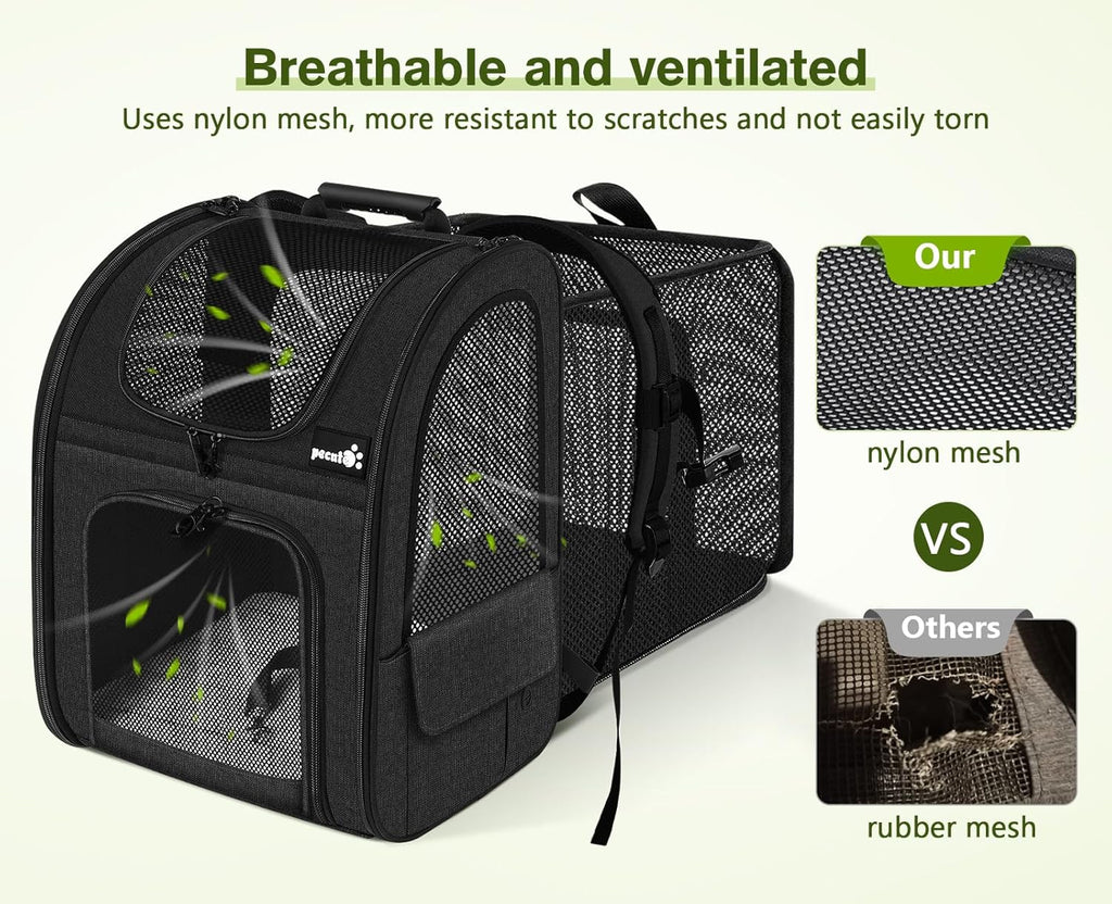 pecute Haustier Rucksack mit Netzfenster, Tragbare und Faltbare Katzentasche, Atmungsaktive und Leichte Hundetasche, Wasserdichtes Oxford-Tuch mit Viel Platz, Multifunktionales Rutschfestes Grau XL