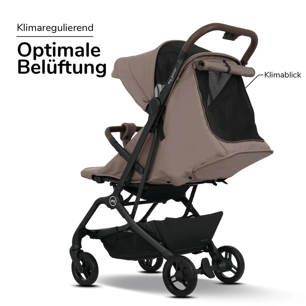 my junior® Buggy PICO³ | bis 22kg | Einhand AutoFold-Klappmechanismus | Ergonomische Liegeposition nach IGR e.V. | großes Sonnenverdeck UV50+ | Handgepäckmaß | 2 Belüftungsfenster Hazel - Black