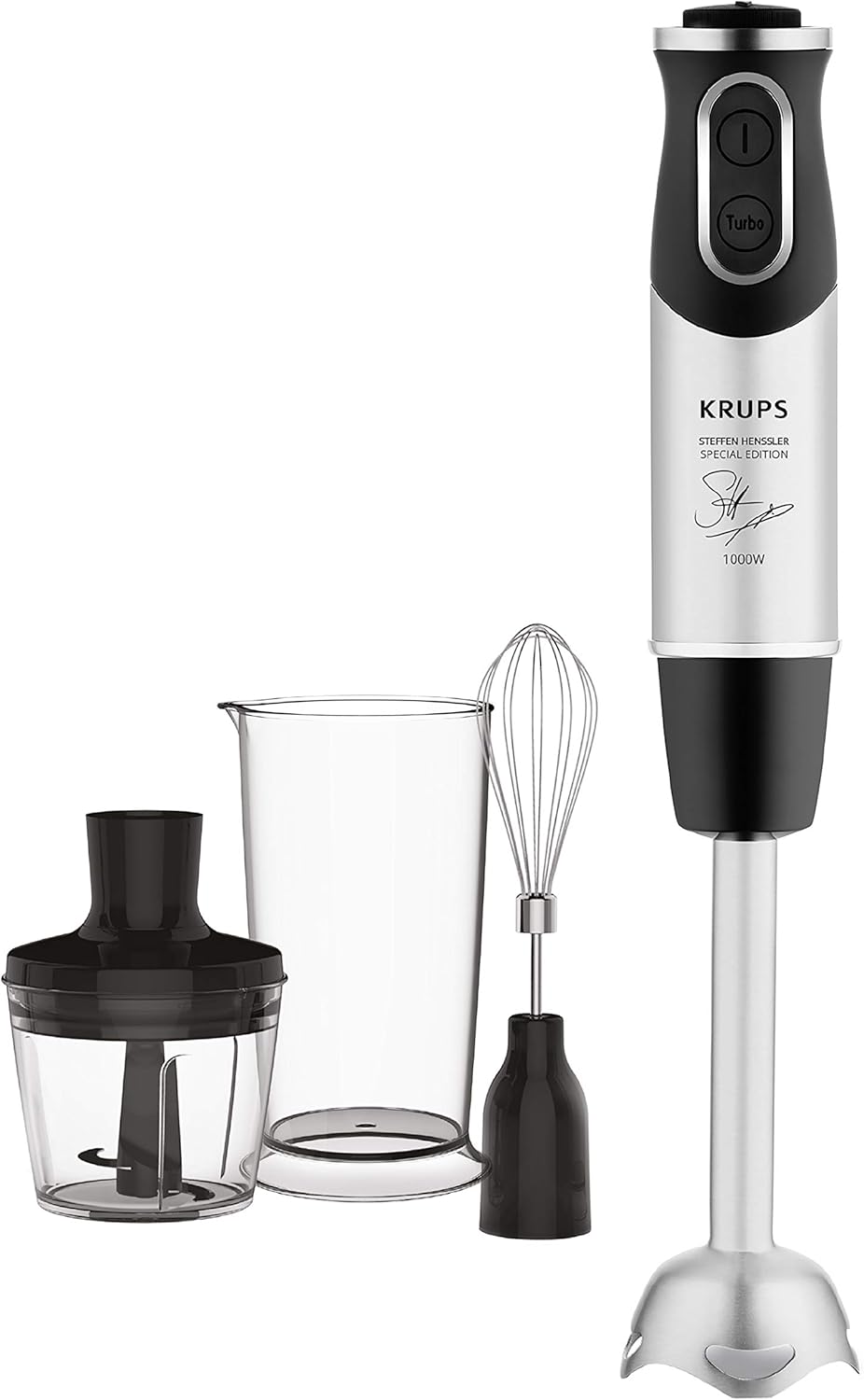 Krups Perfect Mix Stabmixer HZ6568 | Blender | 1000 Watt | Edelstahlfu | 4 extra scharfe Messer | Powelix Technologie | Schneebesen | 500 ml Zerkleinerer | 800 ml Messbecher | Schwarz/Silber