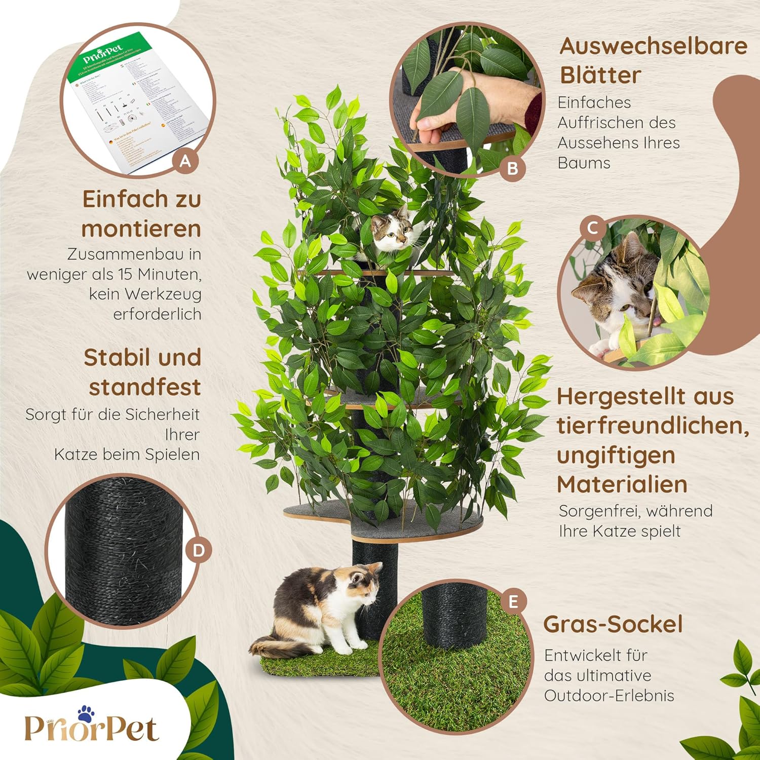 Tiragraffi albero naturale per arrampicarsi, nascondersi e dormire - grande con foglie intercambiabili - a più livelli, facile da montare - materiali sicuri per animali domestici, durevole e robusto albero per gatti brevettato