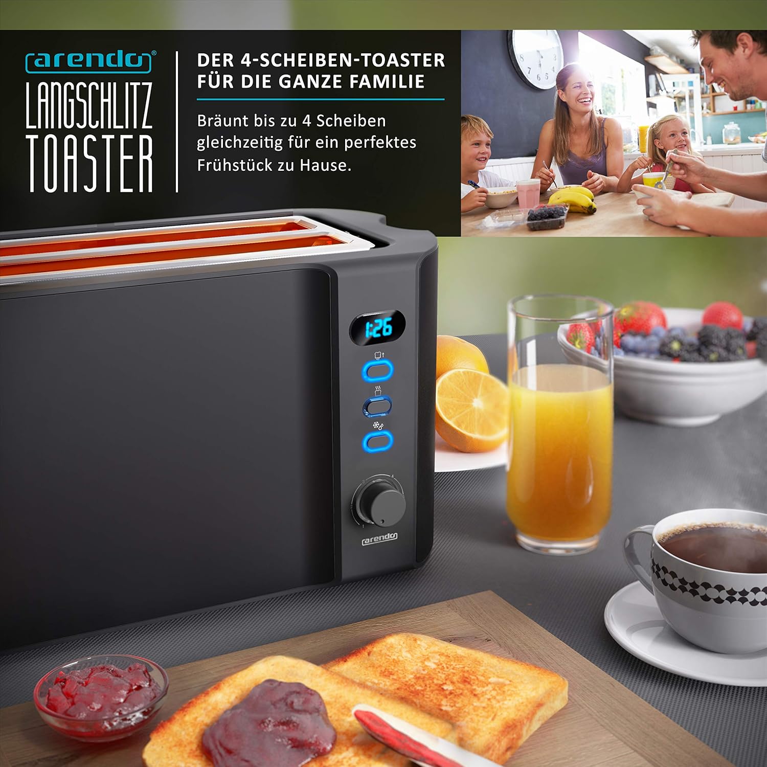 Arendo - Tostapane a fessura lunga in acciaio inox per 4 fette - Funzione scongelamento - Corpo isolante dal calore - Con scaldavivande integrato - Vassoio raccoglibriciole - Display con indicazione del tempo residuo - Nero opaco