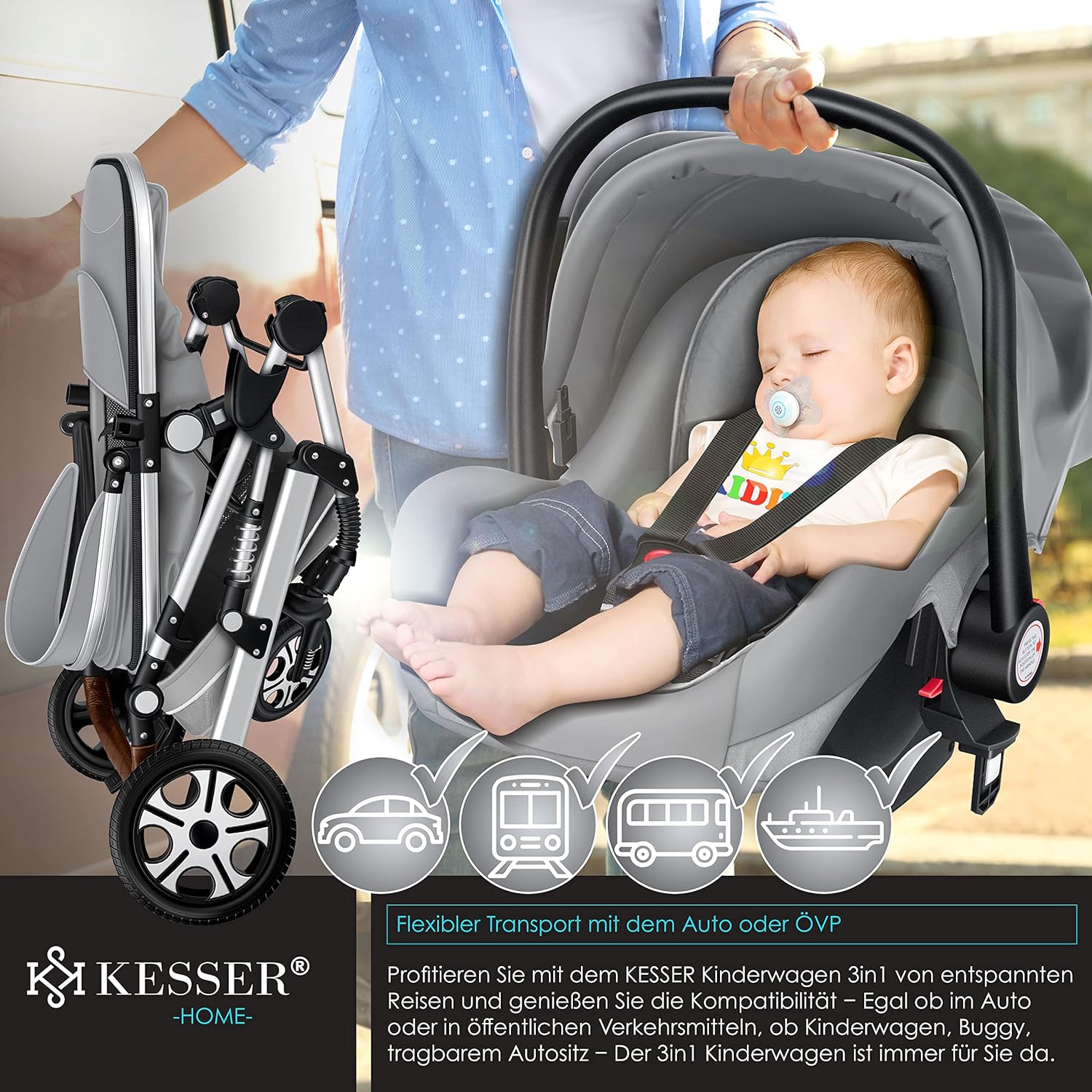KESSER Passeggino trio Loops 3 in 1, set completo con navicella, seduta sportiva e seggiolino auto con pneumatici in gomma piena, borsa fasciatoio, parapioggia, tavolino, ECE R129, nero/champagne