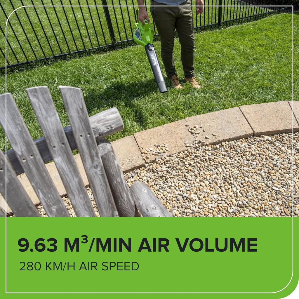Greenworks 40V Soffiatore Assiale a Batteria con Cruise Control, 177 km/h, 11,05 m³/min, Sacco di Raccolta da 45L, due Batterie da 2Ah e Caricabatterie, 3 Anni di Garanzia GD40BVK2X