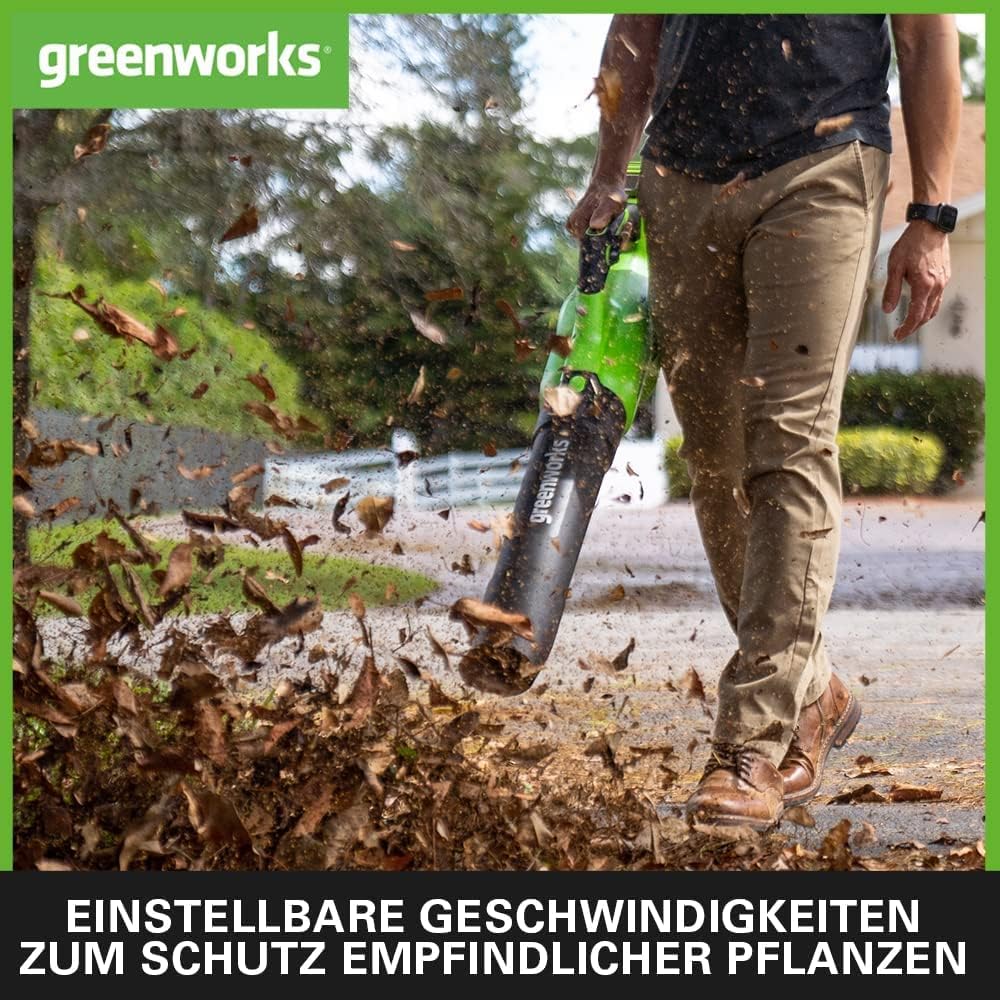 Greenworks G40ABK2 Axial Laubblser mit Tempomat, 177 km/h, 11,05 m/min, 40V 2Ah Batterie & Ladegert, 3 Jahre Garantie