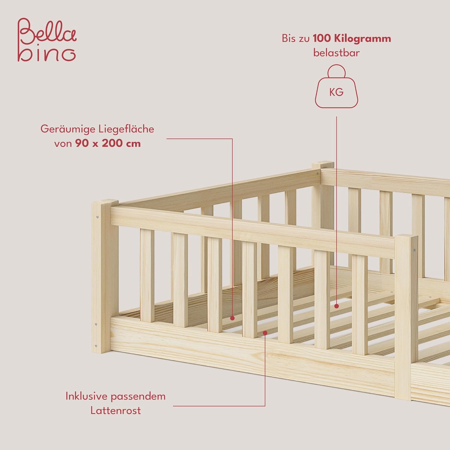 Bellabino Vere Letto a Pavimento 140x200 Montessori, Letto Matrimoniale con Protezione Anticaduta e Rete a Doghe, Letto per Bambini e Bambine in Legno Massello di Pino Bianco con Sbarre