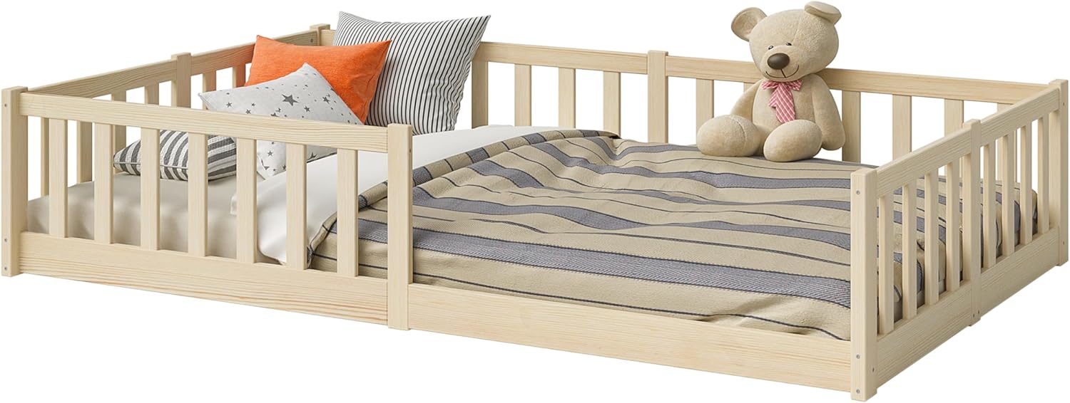 Bellabino Vere Letto a Pavimento 140x200 Montessori, Letto Matrimoniale con Protezione Anticaduta e Rete a Doghe, Letto per Bambini e Bambine in Legno Massello di Pino Bianco con Sbarre