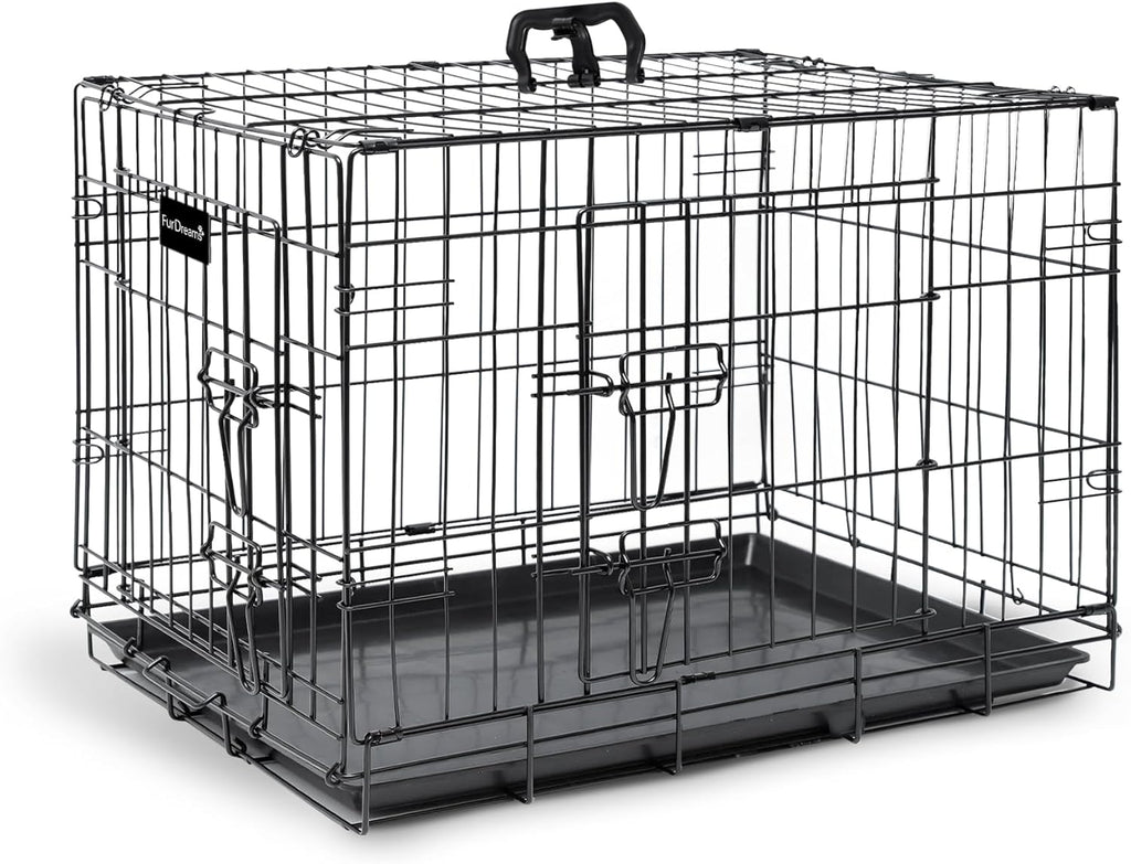 Gabbia per cani (76 cm) – Gabbia per animali domestici in metallo nero con 2 porte (anteriore e laterale) con base in plastica resistente ai morsi e maniglia per il trasporto, robusta box, perfetta per l'addestramento dei cuccioli (media)