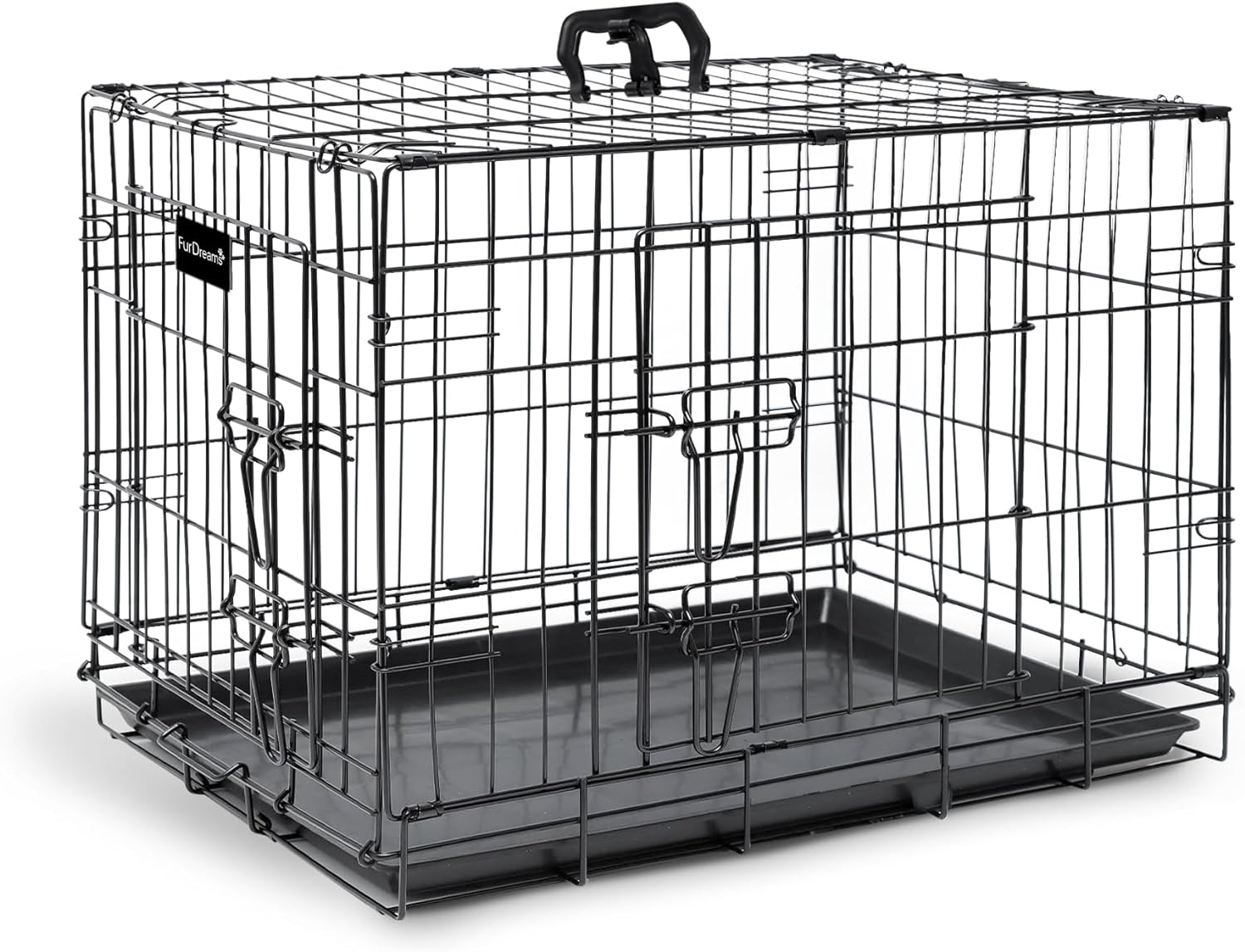 Gabbia per cani (76 cm) – Gabbia per animali domestici in metallo nero con 2 porte (anteriore e laterale) con base in plastica resistente ai morsi e maniglia per il trasporto, robusta box, perfetta per l'addestramento dei cuccioli (media)