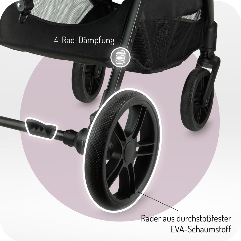 MoMi Passeggino CLARA, Passeggino dai 6 mesi in su, fino a 22 kg di peso corporeo, cintura di sicurezza a 5 punti, sacco coprigambe, portabicchieri, cestino della spesa, borsa per il cambio, zanzariera e parapioggia