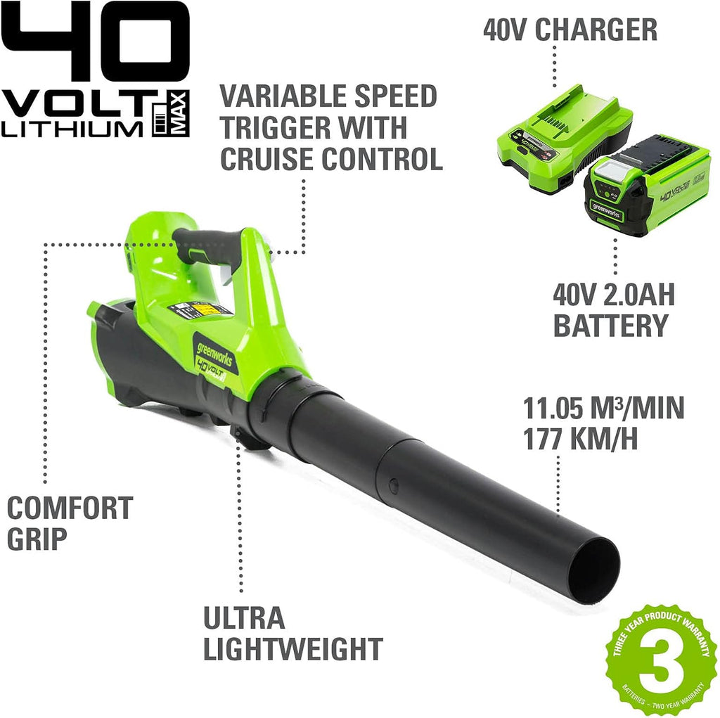 Greenworks GD40ABK2X Axial Akku Laubbläser mit bürstenlosem Motor, 210 km/h, 15,6 m³/min, zwei 40V 2Ah Akkus & Ladegerät, 3 Jahre Garantie