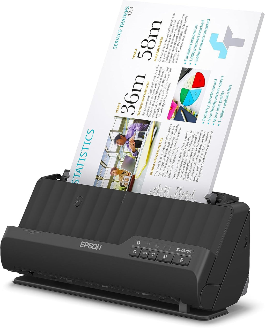 Scanner Wi-Fi Epson ES-C320W, scanner aziendale compatto A4 a basso consumo energetico, scanner a doppia alimentazione con gestione versatile dei supporti, nero