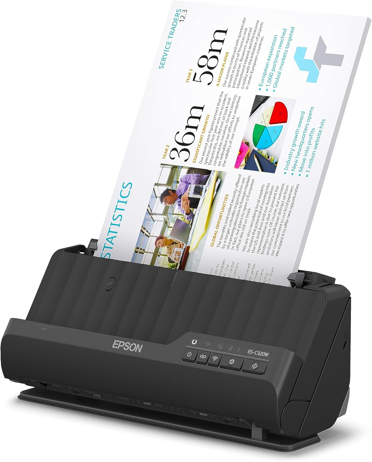 Scanner Wi-Fi Epson ES-C320W, scanner aziendale compatto A4 a basso consumo energetico, scanner a doppia alimentazione con gestione versatile dei supporti, nero