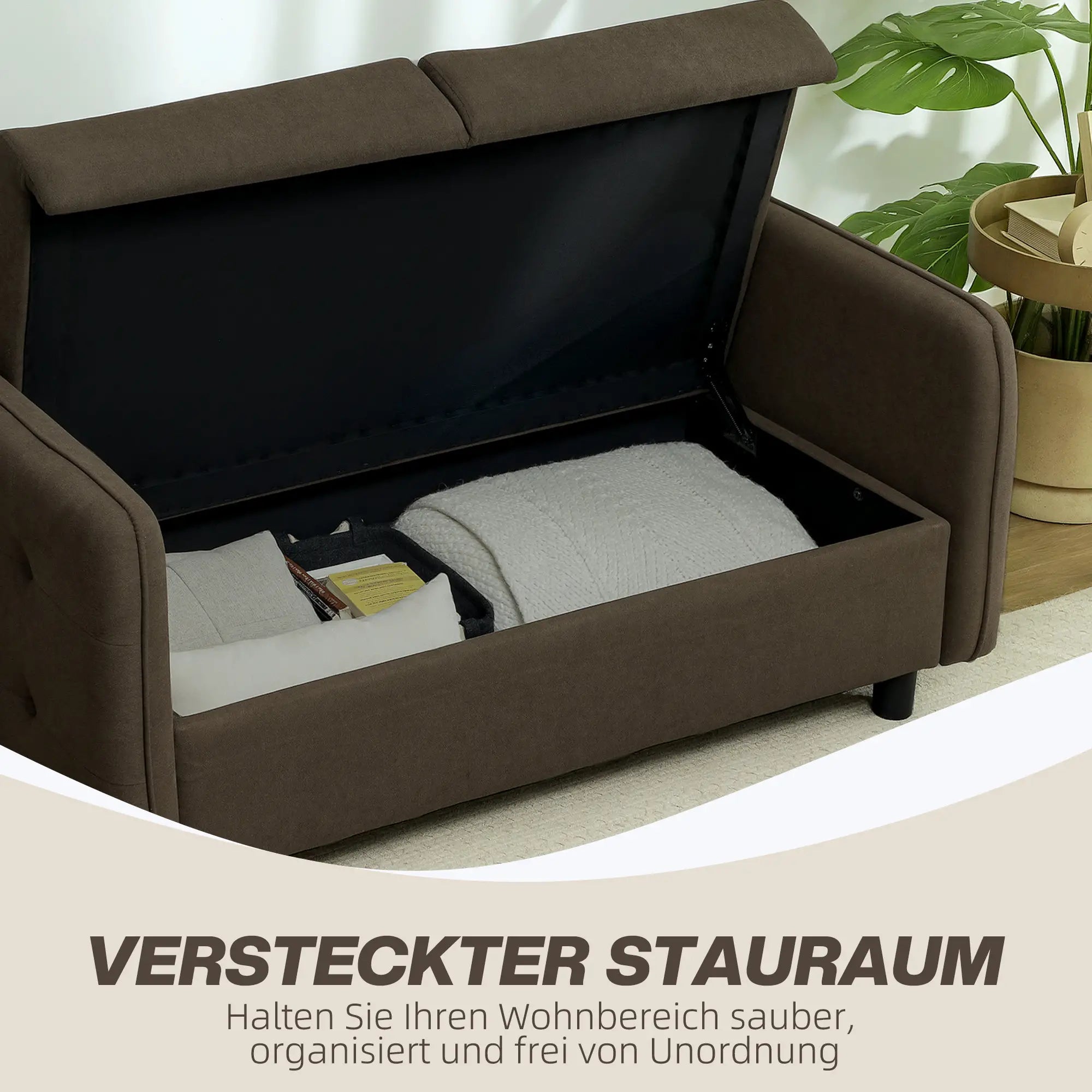 Divanetto 2 Posti HOMCOM con Contenitore e Rivestimento Effetto Velluto, Marrone