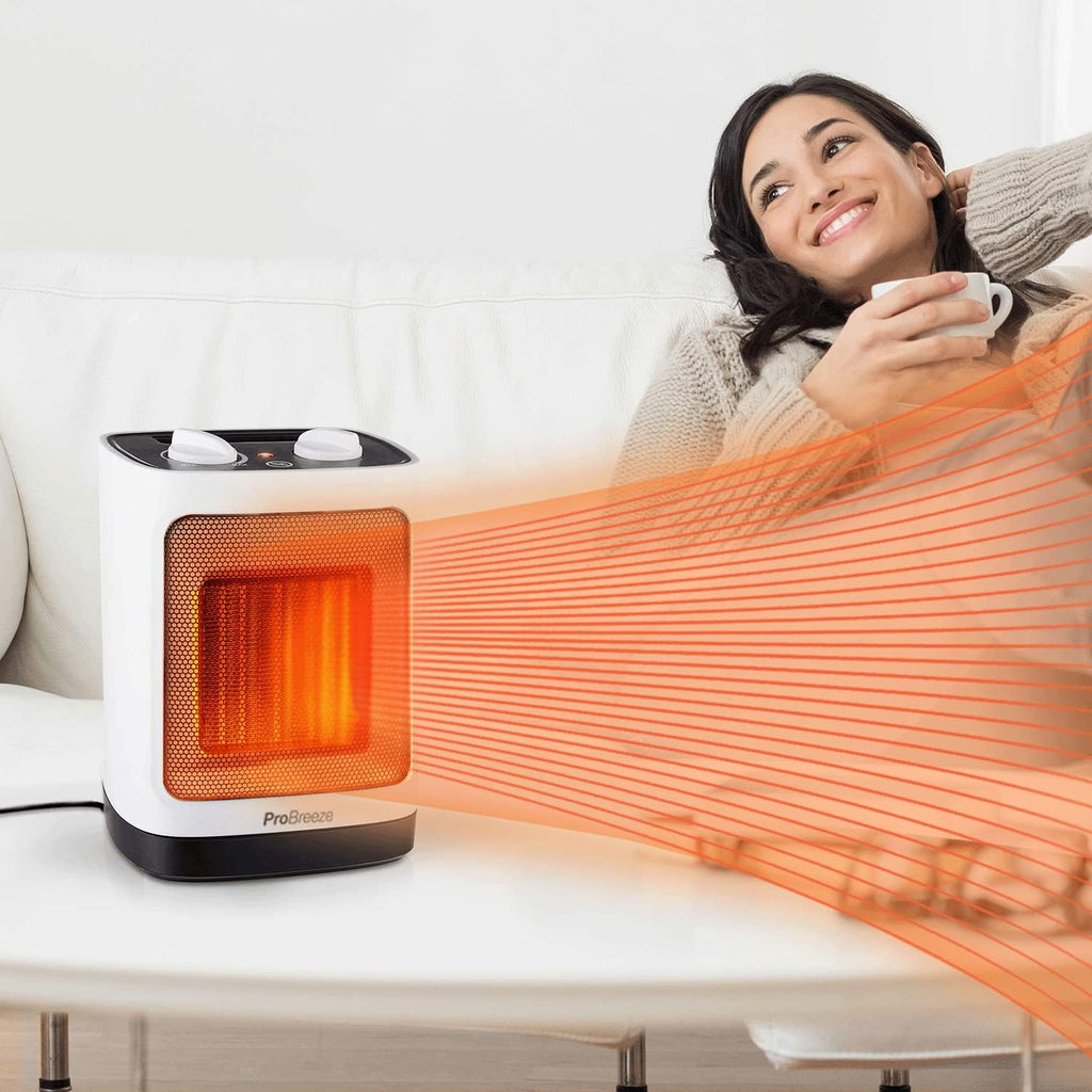 Pro Breeze 2000W Mini Keramik Heizlüfter energiesparend mit automatischer Oszillation, Zwei Leistungsstufen, Kleine Elektroheizung leise für Wohnzimmer, Büro, Terasse - Wei