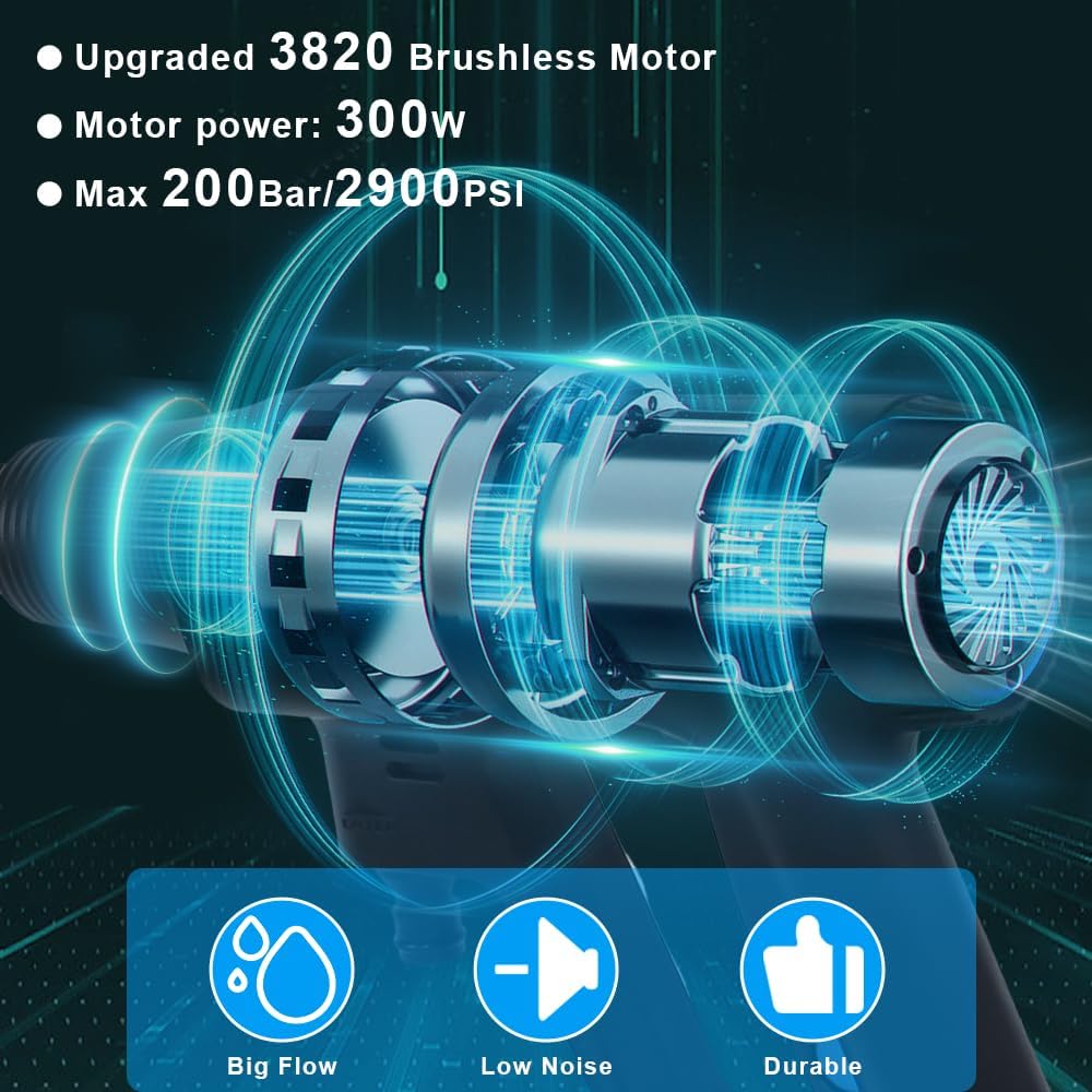 Idropulitrice a Batteria Huhomco con 2 Batterie da 4000 mAh e Caricabatterie, Idropulitrice Portatile ad Alta Pressione da 200 Bar con Motore Brushless, Pistola Idropulitrice Portatile con Ugello 6-in-1, 3 Livelli di Pulizia per Auto