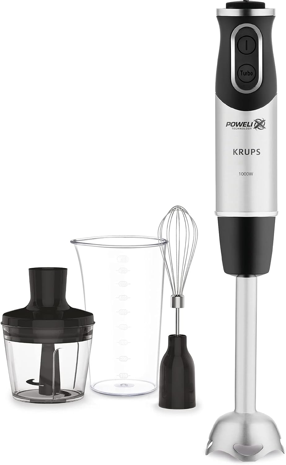 Krups Perfect Mix Stabmixer HZ6568 | Blender | 1000 Watt | Edelstahlfu | 4 extra scharfe Messer | Powelix Technologie | Schneebesen | 500 ml Zerkleinerer | 800 ml Messbecher | Schwarz/Silber