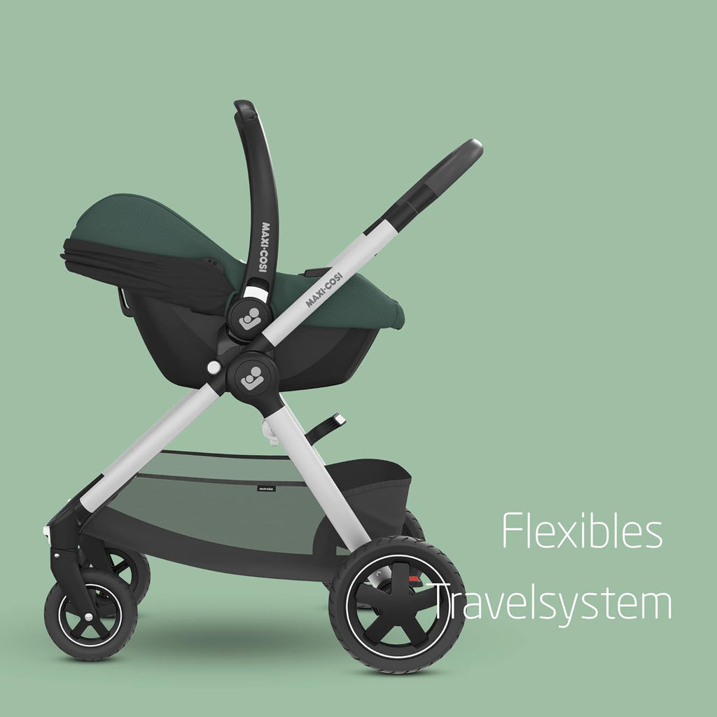 Maxi-Cosi CabrioFix i-Size, Babyschale, 0–12 Monate, max. 12 kg, leichter i-Size Kindersitz (3,2 kg), Sonnenverdeck, gepolsterter Sitz, für viele Maxi-Cosi Kinderwagen, Essential Green