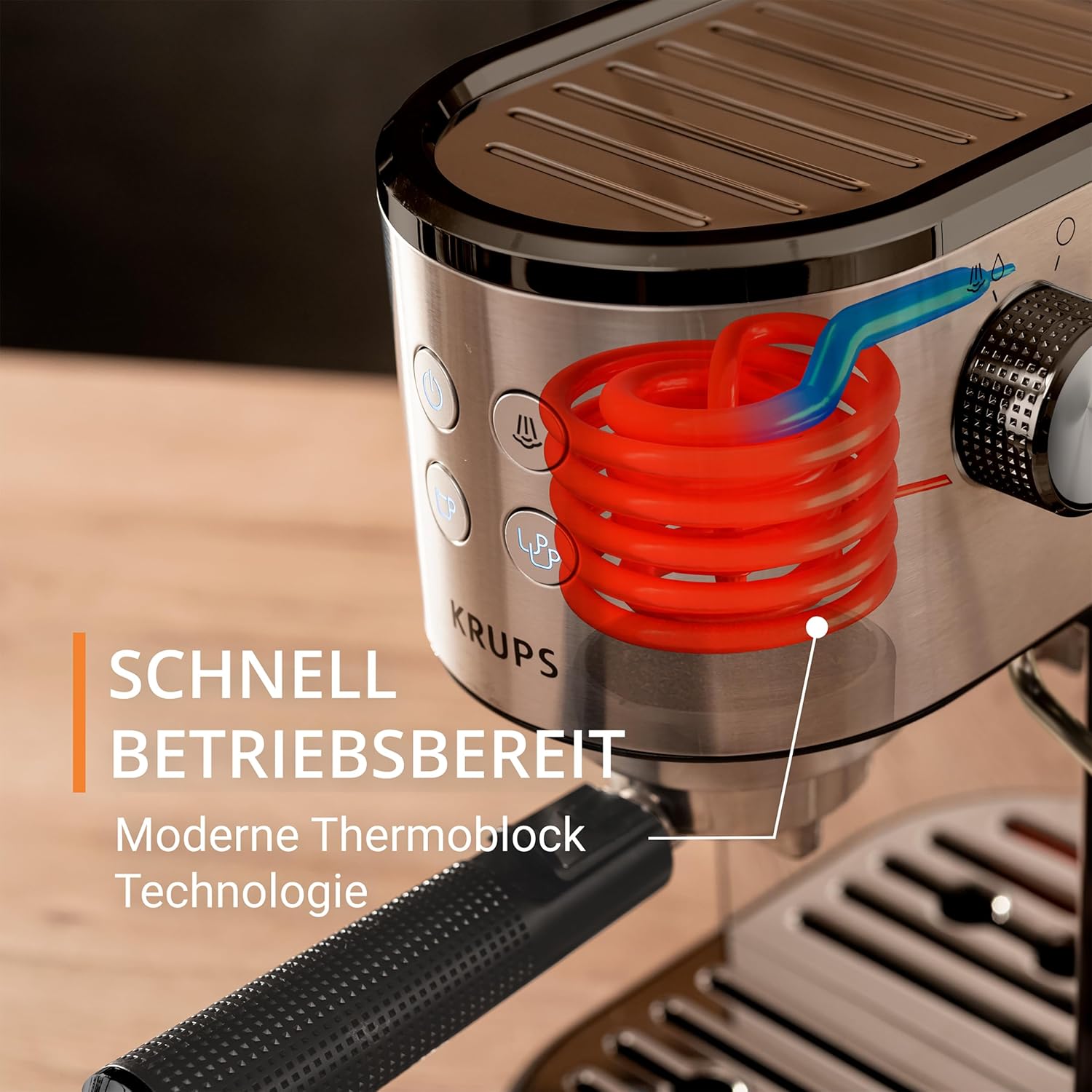 Krups Virtuoso Essential Espresso-Siebträgermaschine, 15 bar, Edelstahl-Applikationen, schlankes Design, Bedienfeld mit 4 Funktionen, inkl. Barista-Zubehör, Edelstahl, XP441810
