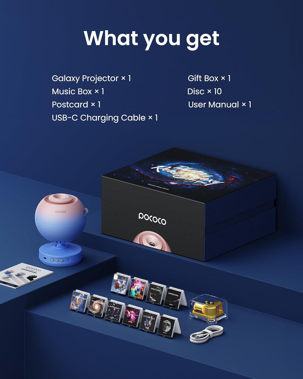 POCOCO Healing Vibes Geschenkbox, Sternenhimmel Projektor Kinder und Erwachsene, Sternenprojektor, Planetarium als Geschenk, Dekoration, Einschlafhilfe und Entspannung - mit 10 Scheiben und Spieluhr